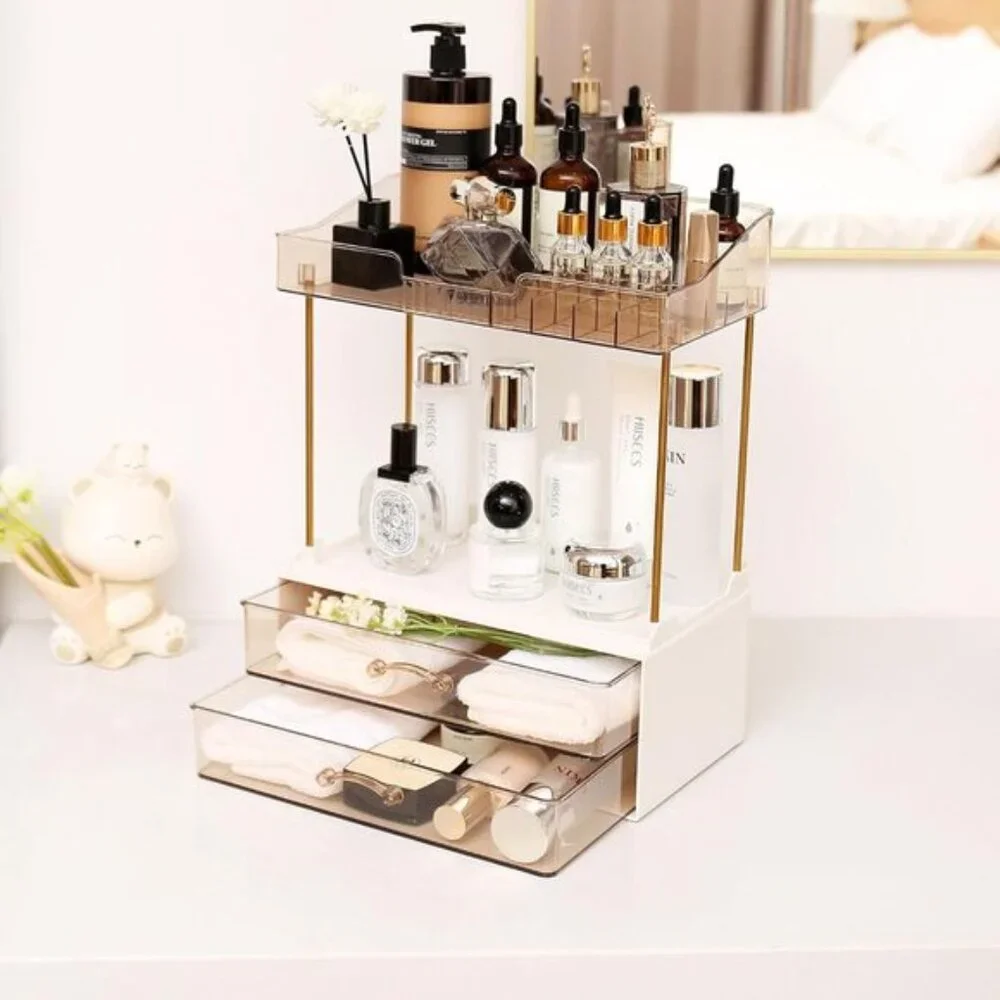 New Elegant 2-Tier Bathroom Organizer, Champagne Gold Makeup & Skincare Storage